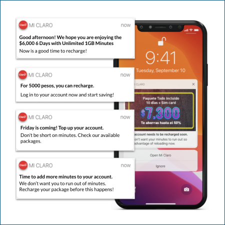 Claro phone with 4 different push notification examples and text