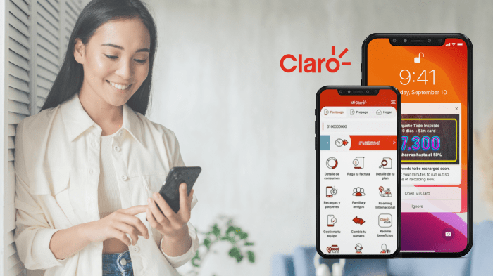 Woman using mobile phone with Claro branding and iphone menu screen overlay